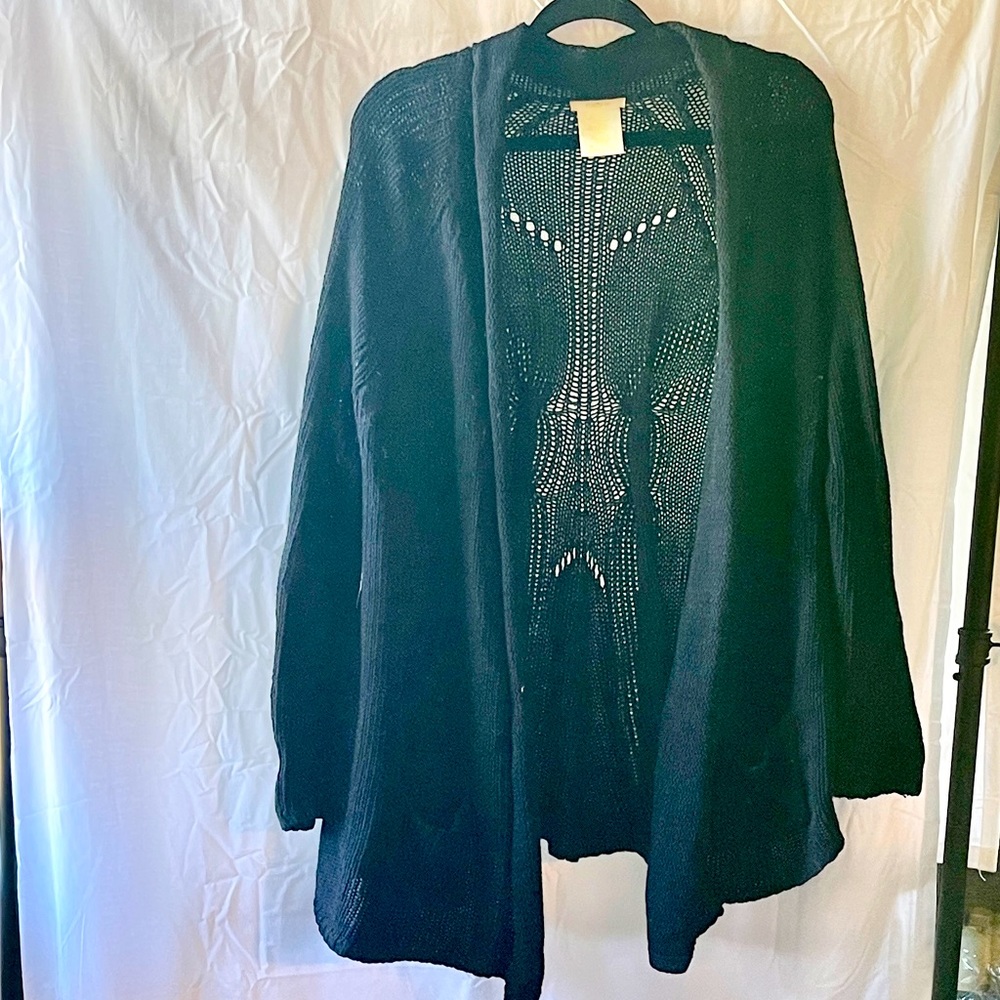 Navy blue open front cardigan Matty M size Xl lace and cable detail  pockets